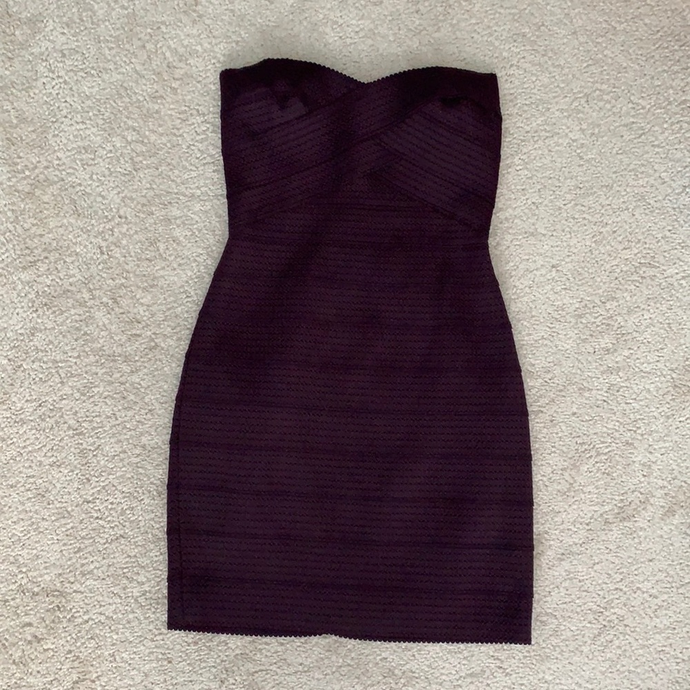 Dark purple strapless dress with gold zipper